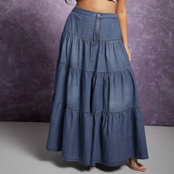 Plus Medium Wash High Waisted Ruffle Hem Western Maxi Skirt - Picture 1 of 6